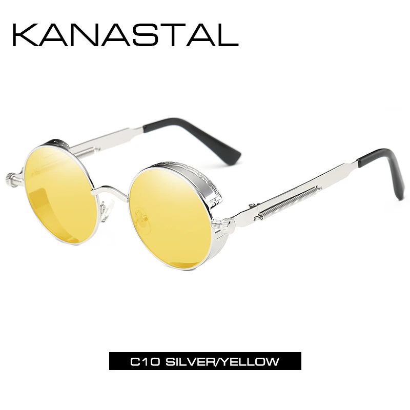 Круглые Солнцезащитные очки в стиле стимпанк, зеркальные Мужские и женские очки в стиле панк, брендовые дизайнерские ретро очки в оправе, винтажные весенние солнечные очки UV400 - Цвет линз: silver yellow