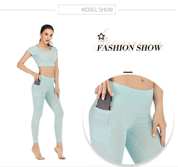Midriff-baring спортивный костюм для женщин комплект из 2 предметов для йоги футболка+ брюки Быстросохнущий карман дизайн колготки леггинсы Женская спортивная одежда