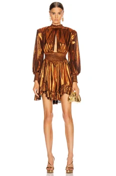 

High Quality Celebrity Gold Long Sleeve Keyhole Dress Party Elegant Dress