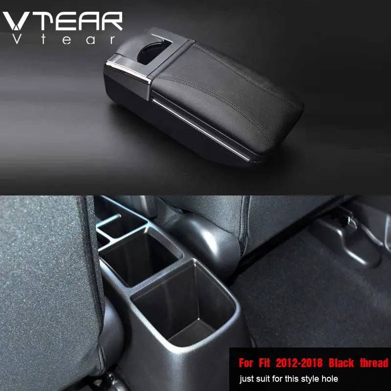12-18 Black thread Vtear для Honda Fit Jazz автомобильный подлокотник кожаный подлокотник ABS ящик для хранения вращающийся центральная консоль интерьерные аксессуары украшения - Название цвета: 12-18 Black thread