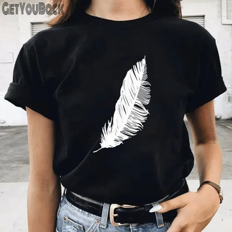 Camiseta divertida de plumas para mujer, blusa Harajuku con cuello redondo y Manga de los 90, ropa para chica