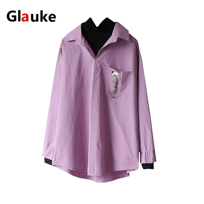 

GLAUKE retro style early spring women s new color matching fake two piece long sleeve long shirt trend
