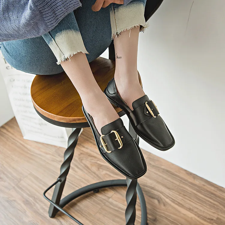 

2017 Spring New Style Flat Comfortable Soft Bottom Low-Cut WOMEN'S Shoes Square Head-Style Square Buckle Casual Loafers