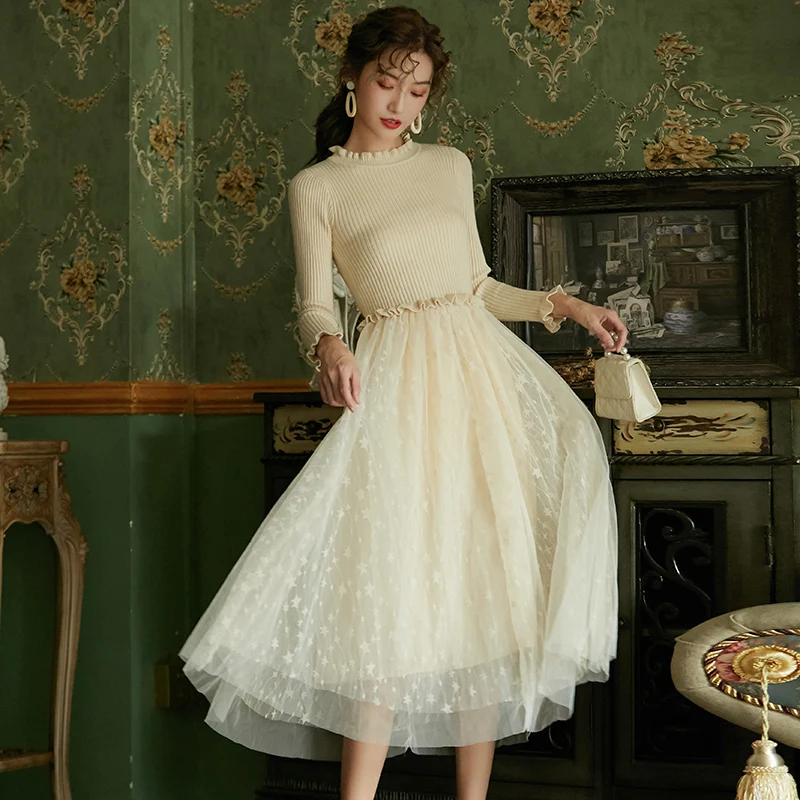 

2020 Dresses New Fashion Retro Wild Sweater Knit Stitching Elastic High Waist Mesh Vintage Party Plus Size Maxi Dress Female