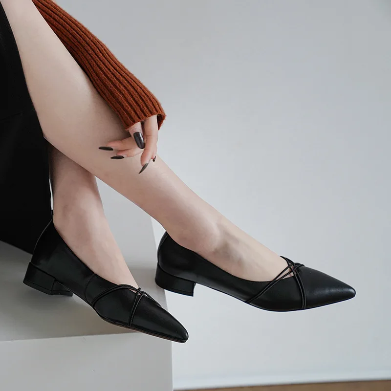 

Korean-style Cross Belt Shoes Women's Genuine Leather 2020 Spring Summer Pointed-Toe Low-top Shoes in Chunky-Heel Shoes for Four