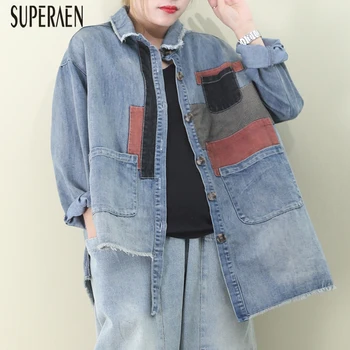 

SuperAen Autumn and Spring 2020 New Denim Shirts Women Pluz Size Wild Casual Ladies Blouses and Tops Irregular Women Clothing