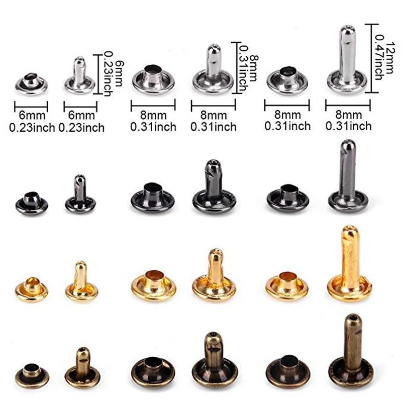 New-360Pcs 3 Sizes Leather Rivets Double Cap Rivet Tubular Metal Studs with 4 Fixing Set Tools for Diy Leather Craft, 4 Colors