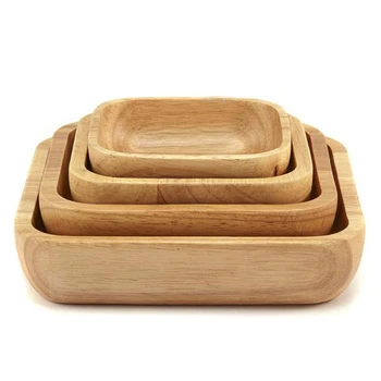 

4Pc Square Wooden Bowl Salad Bowl Set Wooden Plate Snack Dessert Service Bowl Food Container Wood Tableware