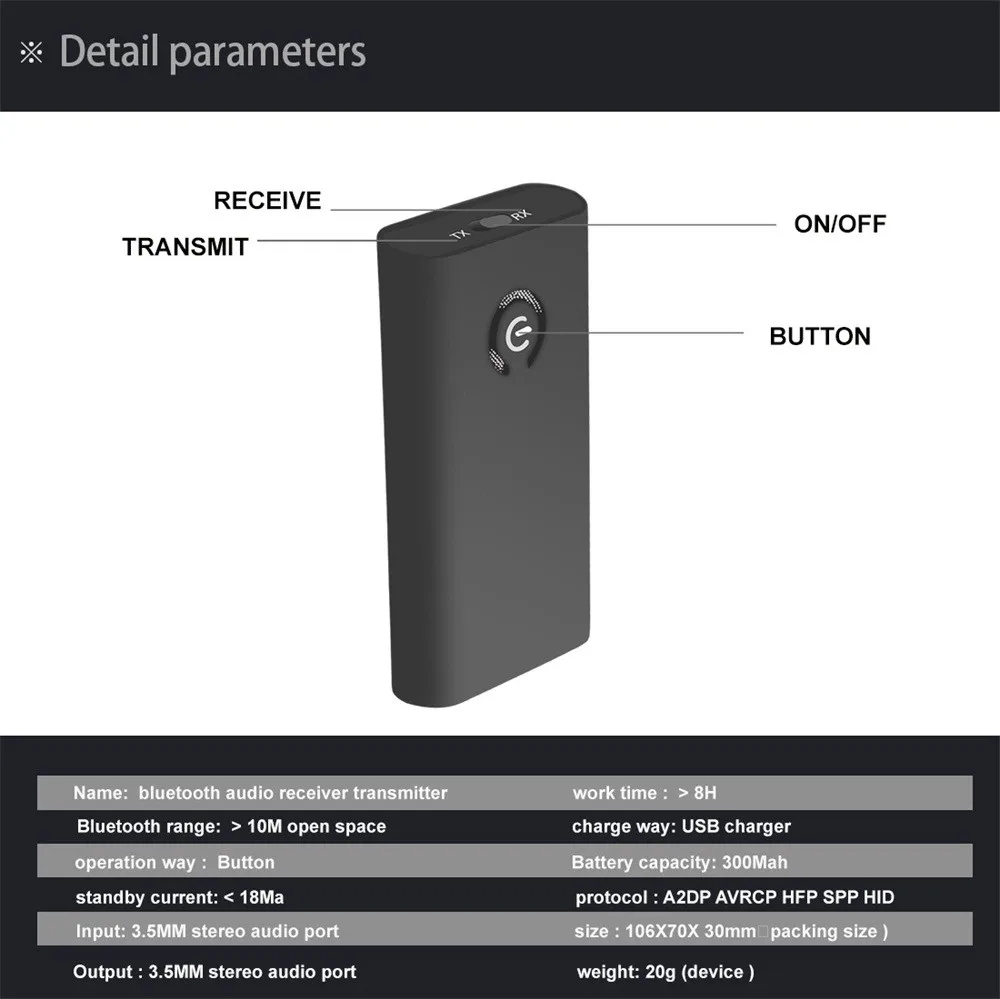 CARPRIE Bluetooth адаптер 3,5 мм беспроводной Bluetooth 2 в 1 аудио Bluetooth приемник передатчик Bluetooth адаптер 3,5 мм черный#2