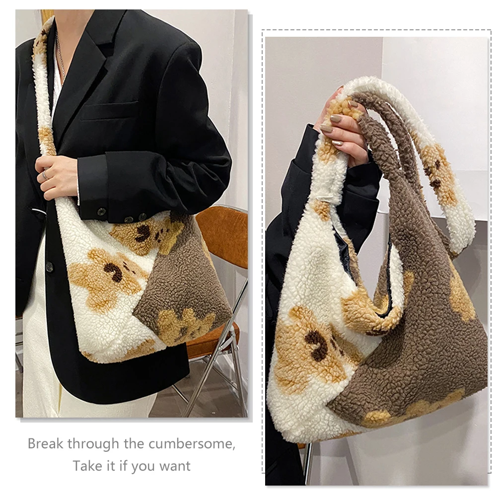 H473d48999a24435dab28898ac499301bu Women Fashion Bear Print Hit Color Shoulder Bag Female Casual Autumn Winter Plush Small Crossbody Bags Female Fluffy Tote Bags