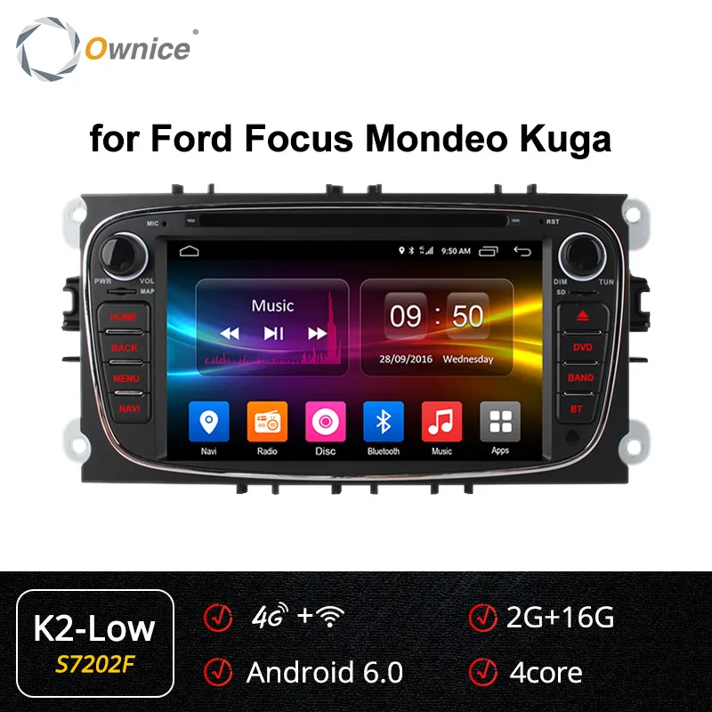 Ownice K1 Автомобильный мультимедийный плеер Android gps 2 Din dvd-плеер автомобиля для FORD/Focus/S-MAX/Mondeo/C-MAX/Galaxy автомобиль радионавигационная - Цвет: S7202B K2-Low