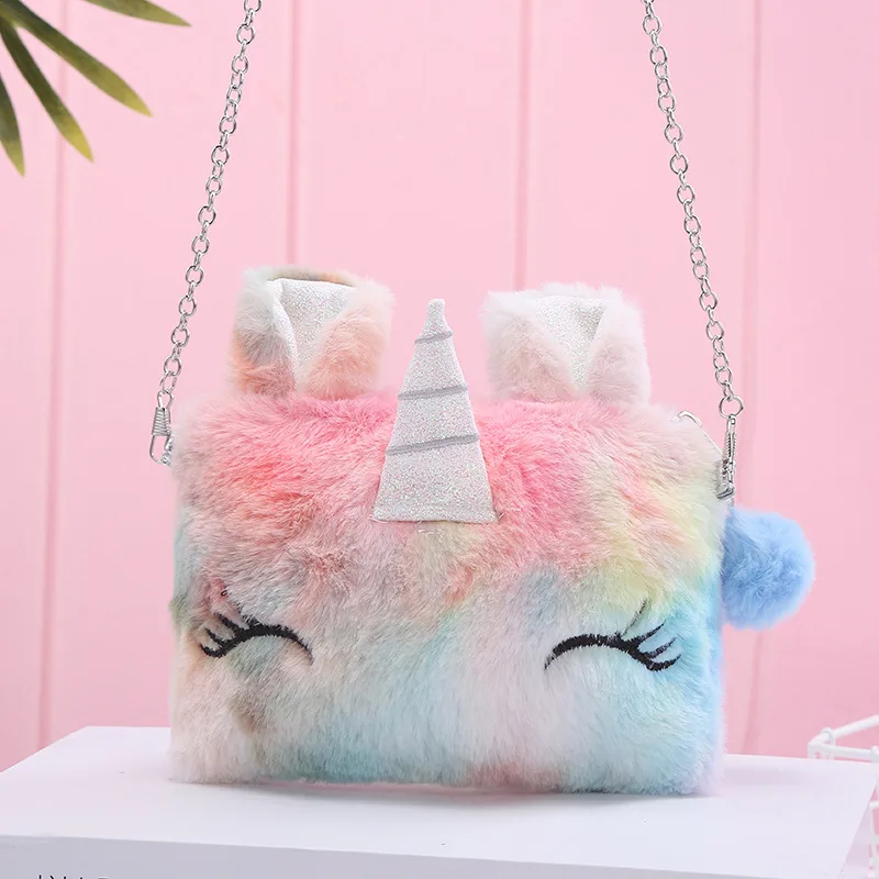 Новая Радужная сумка на плечо с единорогом Kawaii Детская сумка через плечо для женщин и девочек милый рюкзак с металлической цепочкой на молнии пушистая сумка