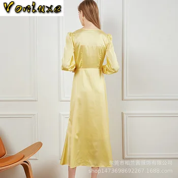 

2020 New Arrival Spring Autumn Fall Dress Women Runway Designer High Quality Silk Satin A-line Ladies Yellow Luxury Long Dresses