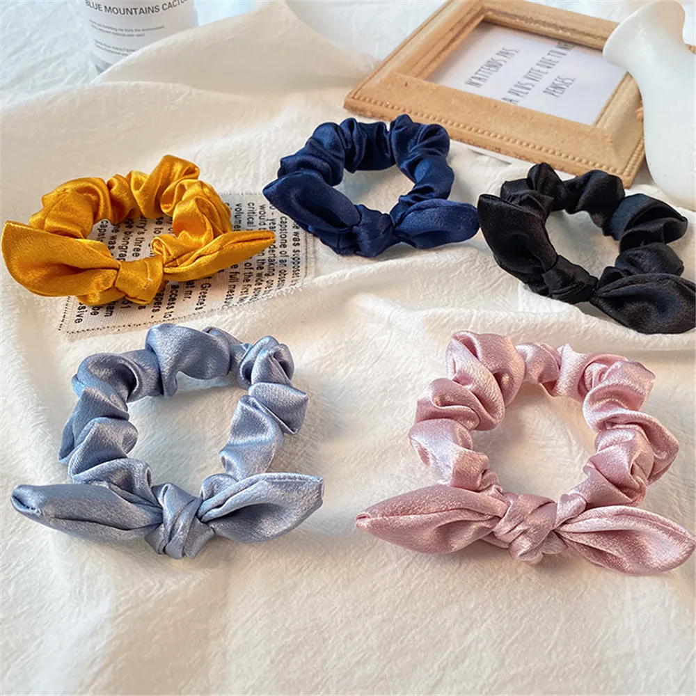 

Korean Version Of The New Simple Rabbit Ear Cloth Bowel Solid Color Satin Bow Hair Ring Wild Headgear New Arrival