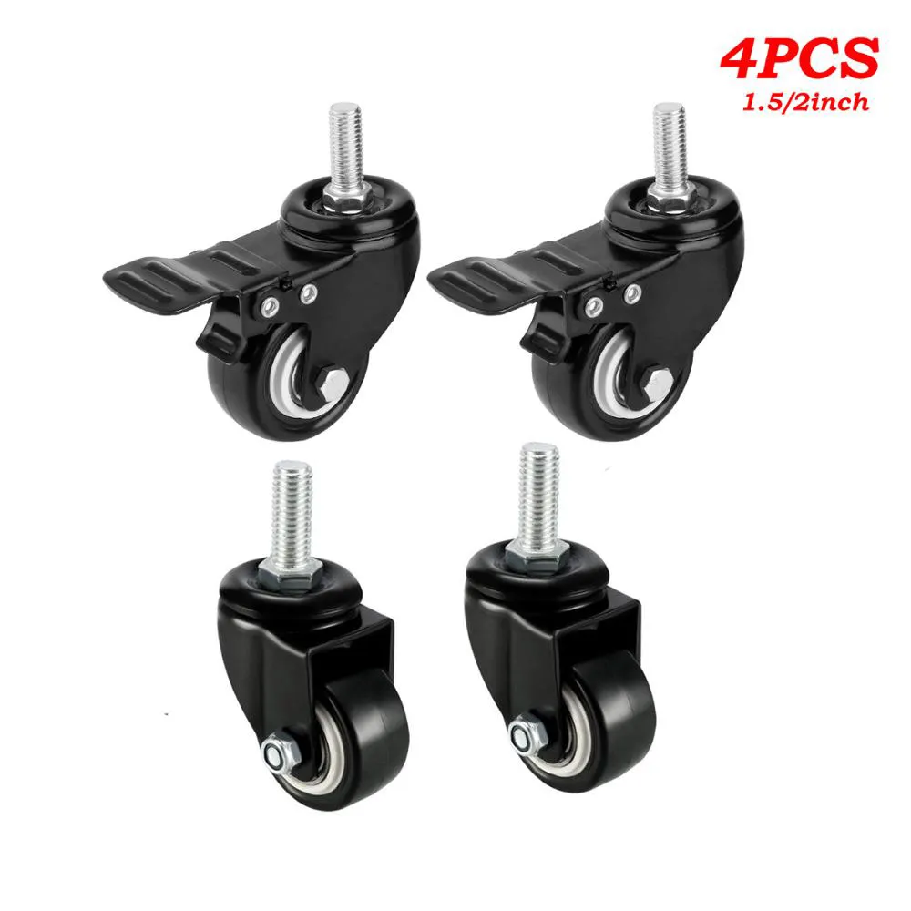 4 Pack 1.5" Low Profile Black w/ Brake Heavy Duty Polyurethane Casters Wheels 