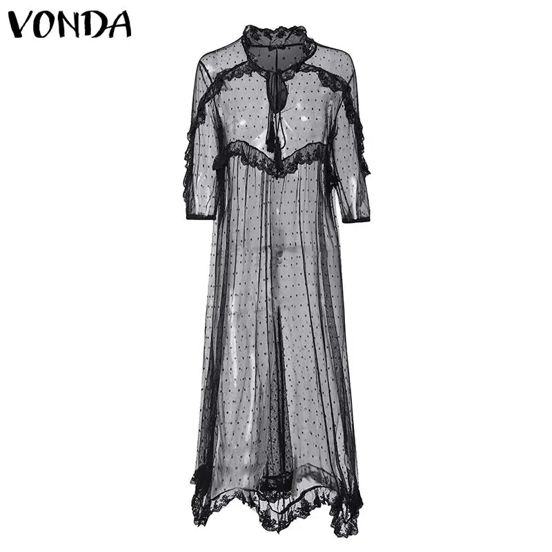 Black VONDA, летнее кружевное платье,, женское сексуальное платье с v-образным вырезом, в горошек, с полым асимметричным подолом, платья размера плюс, женские платья - Цвет: Black