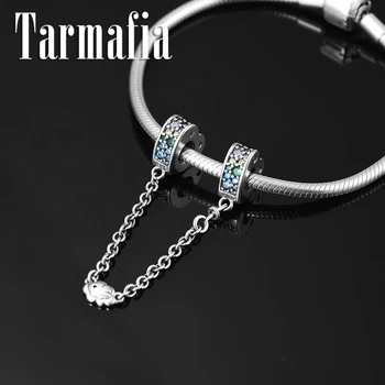 

2019 Hot 925 Sterling Silver colourful Zircon Heart Safety Chain Beads Fit Original European Charms Bracelet DIY Jewelry making
