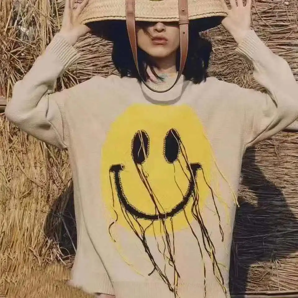 

Women Oversized Pullover Sweater 2020 Runway Designer Cartoon Smile Tassel Loose Long Knitted Sweaters Khaki Jumper Streetwear