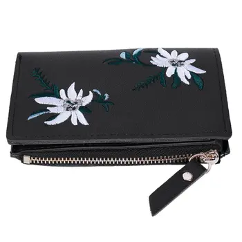 

Women Clutch Wallet PU Women Embroidery Zipper Short Wallet Coin Purse Card Holders Handbag black