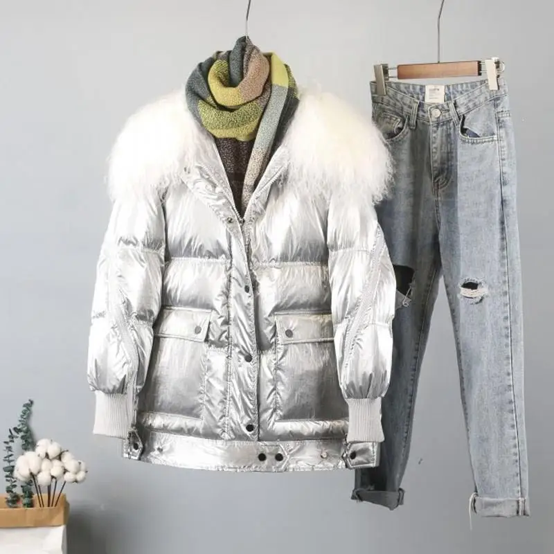 #*Cheap New Women White Duck Down Warm Jackets Thickening Wool Fur Collar Coats Zippers Casual Winter Loose Jacket Outerwear