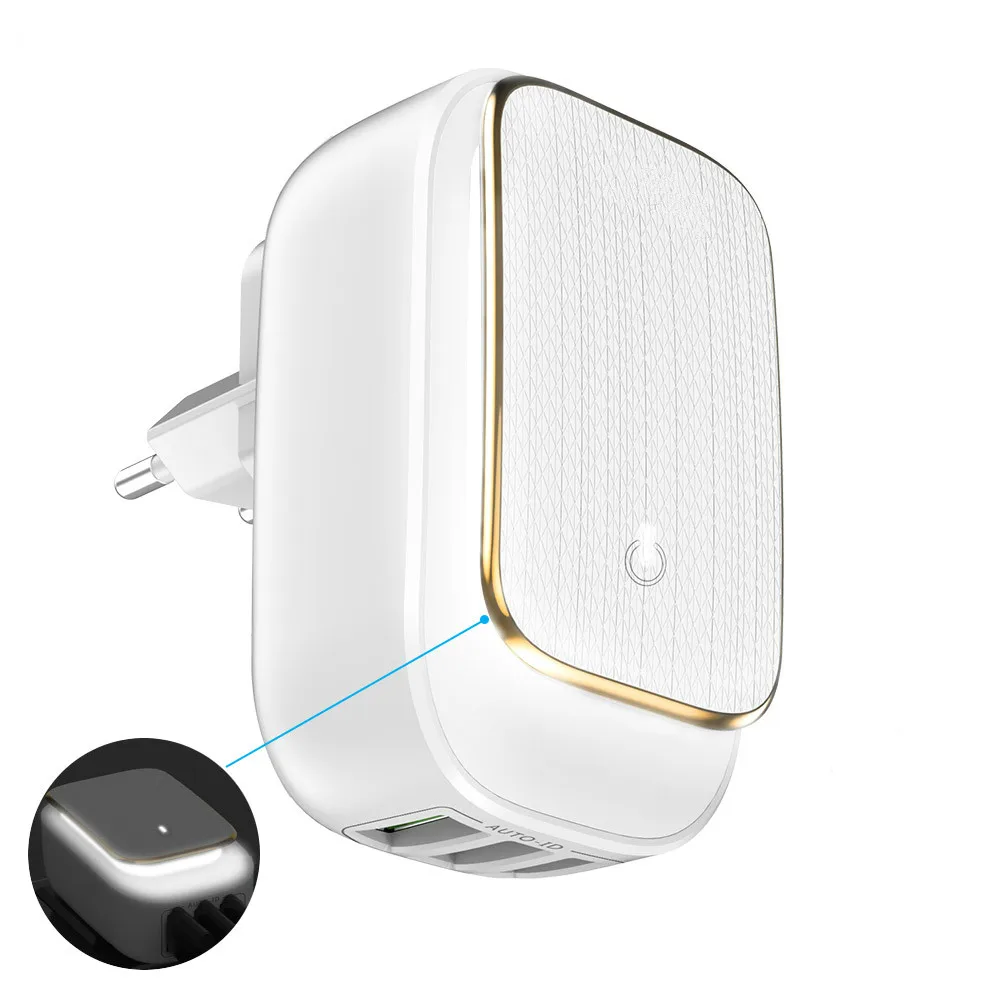5V 3.4A(Max) 3-Port LED Lamp USB Charger Adapter 2-IN-1 Travel Wall EU&ampUS Auto-ID Mobile Phone for iPhone Samsung | Мобильные