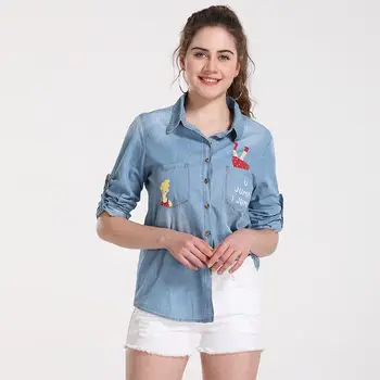 

Women's Cartoon Letter Embroidery Fashion Denim Shirt Female Spring Summer Long Sleeve Lapel Casual Top With Single Row Button