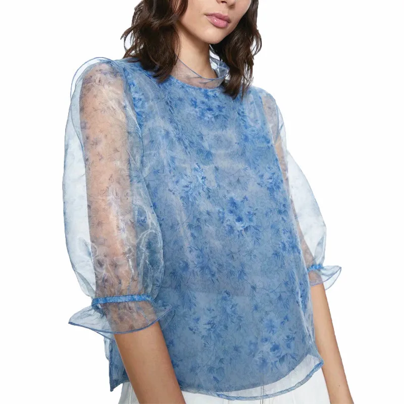 

Elegant ZA Summer Print Blouse Women 2020 Puff Long Sleeve O-Neck Opening Tops Female Sexy See Through Shirt Party Blusas