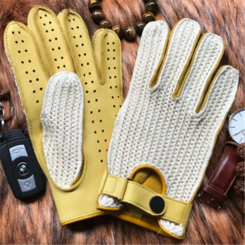 Man's Deerskin Gloves Locomotive Driving Retro Knitted+ Leather thin Slim Hand Genuine Leather Gloves For Female Male AM032A - Цвет: Цвет: желтый