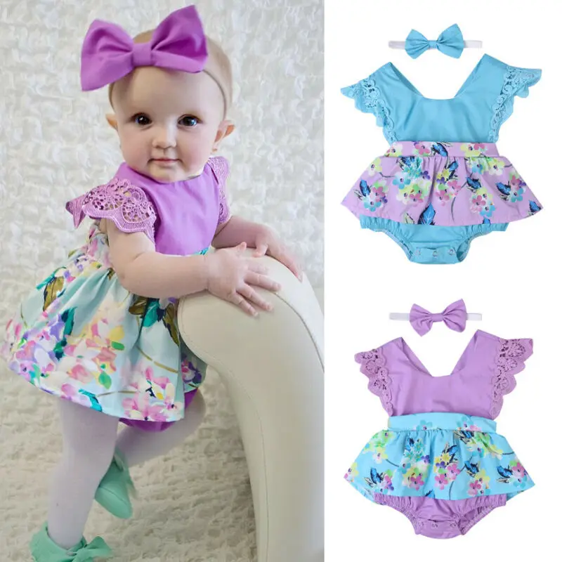 

2Pcs Summer Newborn Baby Girl Flower Romper Dress Bodysuit Headband Outfit Clothes Set 0-24M