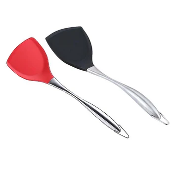 

2x Silicone Cooking Spatula Stainless Steel Handle Wok Shovel Flexible Silicone Pancake Kitchen Cooking Black & Red