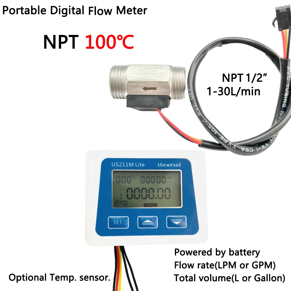 

US211M Lite USS-HS21TI NPT 1/2" 1-30L/min Digital Flow Meter 5V Flow Reader Can Be Used for 100C Hot Water