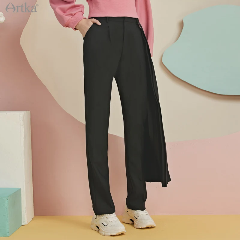 

ARTKA 2022 Spring New Women Pants Fashion Detachable Pleated Casual Pants Loose High Waist Straight Black Trousers KA20028C