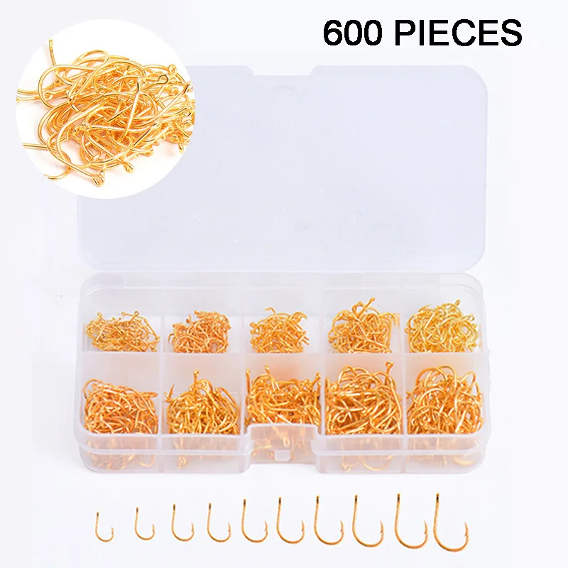 

600Pcs/Box High Carbon Steel Gold/Silver Carp Fishing Bait 10 Mixed Sizes 3#-12# Sharpened Ultrapoint Fishing Hook Set