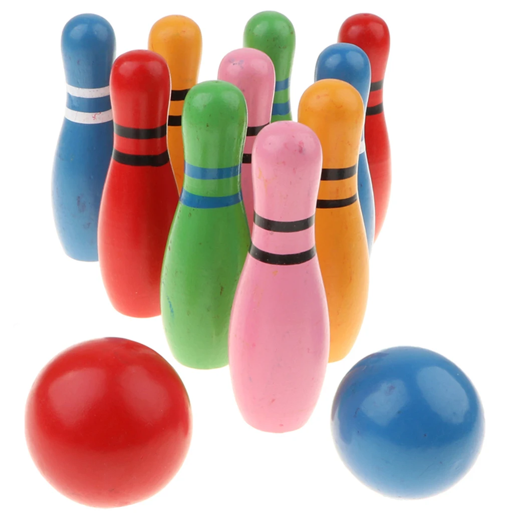 Fun Kids Child Colored Wooden 10 Pins 2 Balls Bowling Set Skittles Game Toys