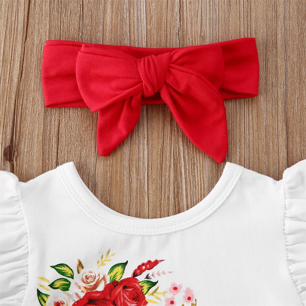 Наряд для новорожденных девочек на 1 день Святого Валентина; комплект из 3 предметов; комбинезон с рукавами-оборками и буквенным принтом; юбка-пачка с бантом; повязка на голову
