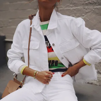 

Women White Denim Jacket with Hem Whiskers Coat