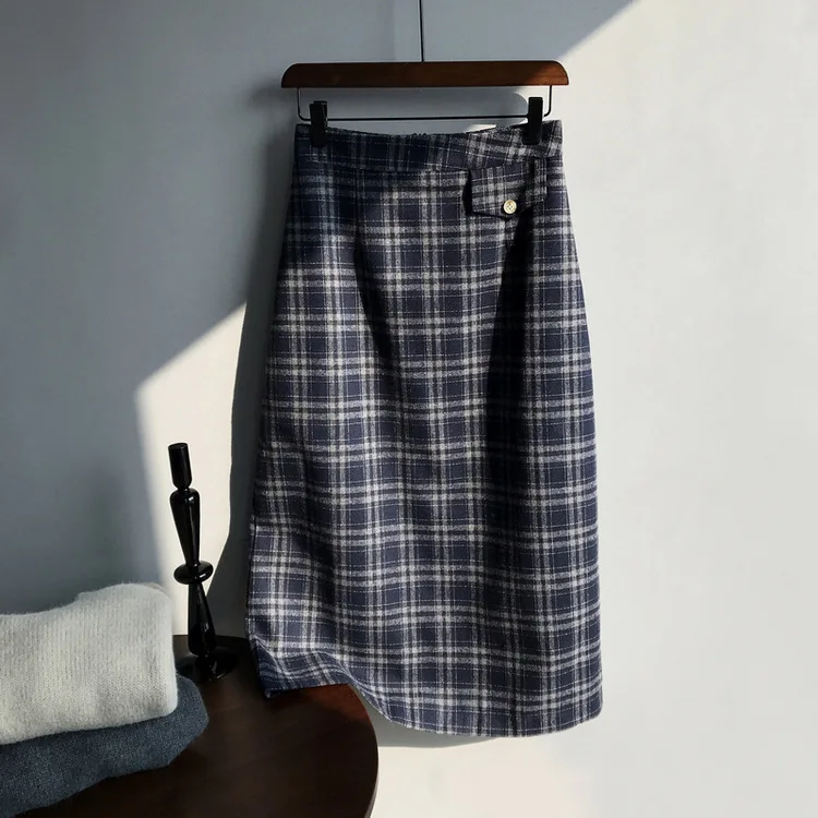 Blue Mooirue Весна, Женская шерстяная юбка, винтажная, Harajuku, высокая талия, решетка, длинная, шерстяная, свободный крой, женская, Saia - Цвет: Blue