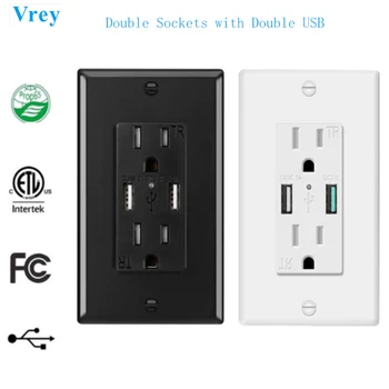 

VREY US Wall Power Double Sockets with Double USB Quick Charger 5V/4.2A Tamper-Resistant Shutters 360 degree anti-misplugging