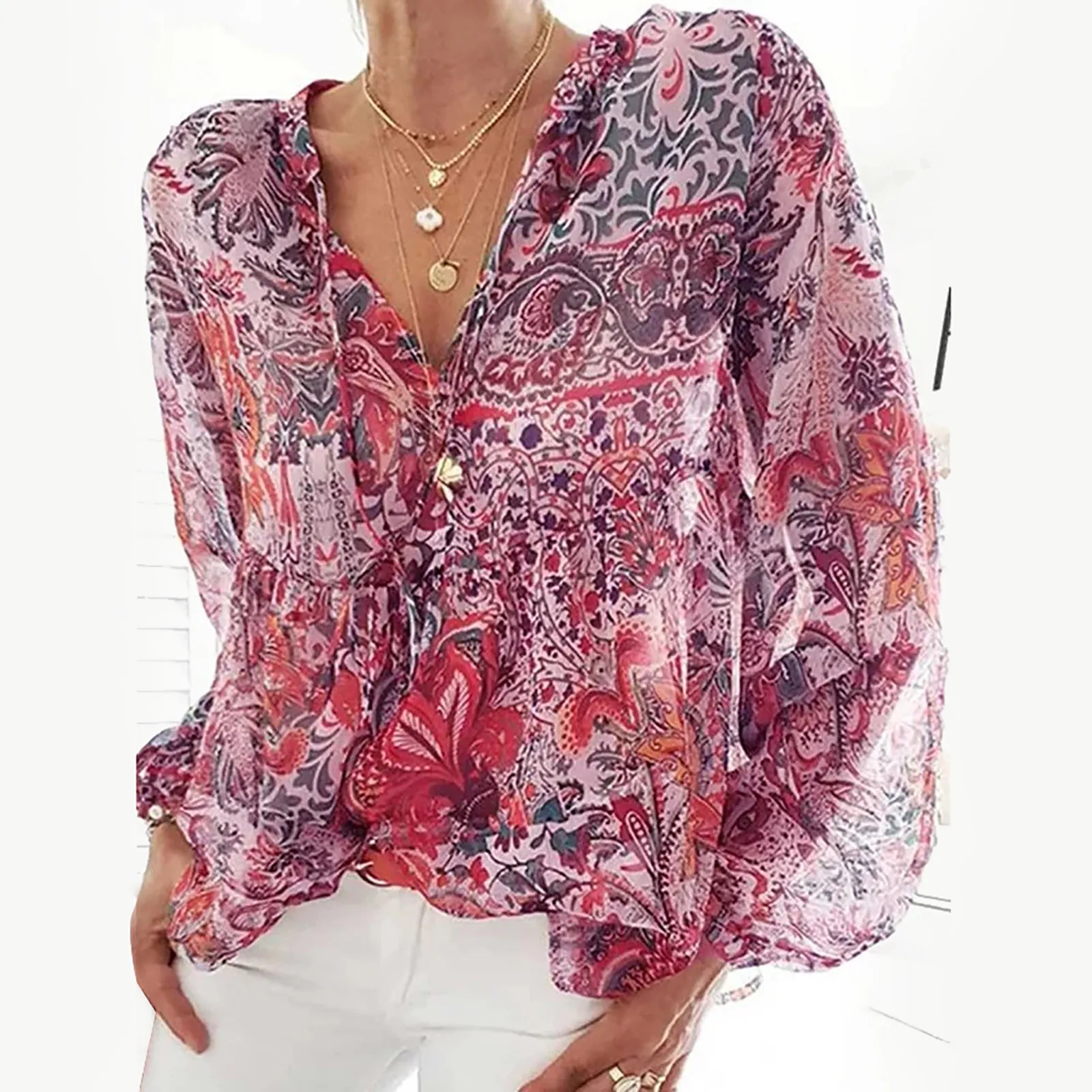 4 # las mujeres Retro bohemio camisas Camisa estampada manga linterna calle Casual Tops con cuello en V blusas de verano sólido suelto Casual Camisa
