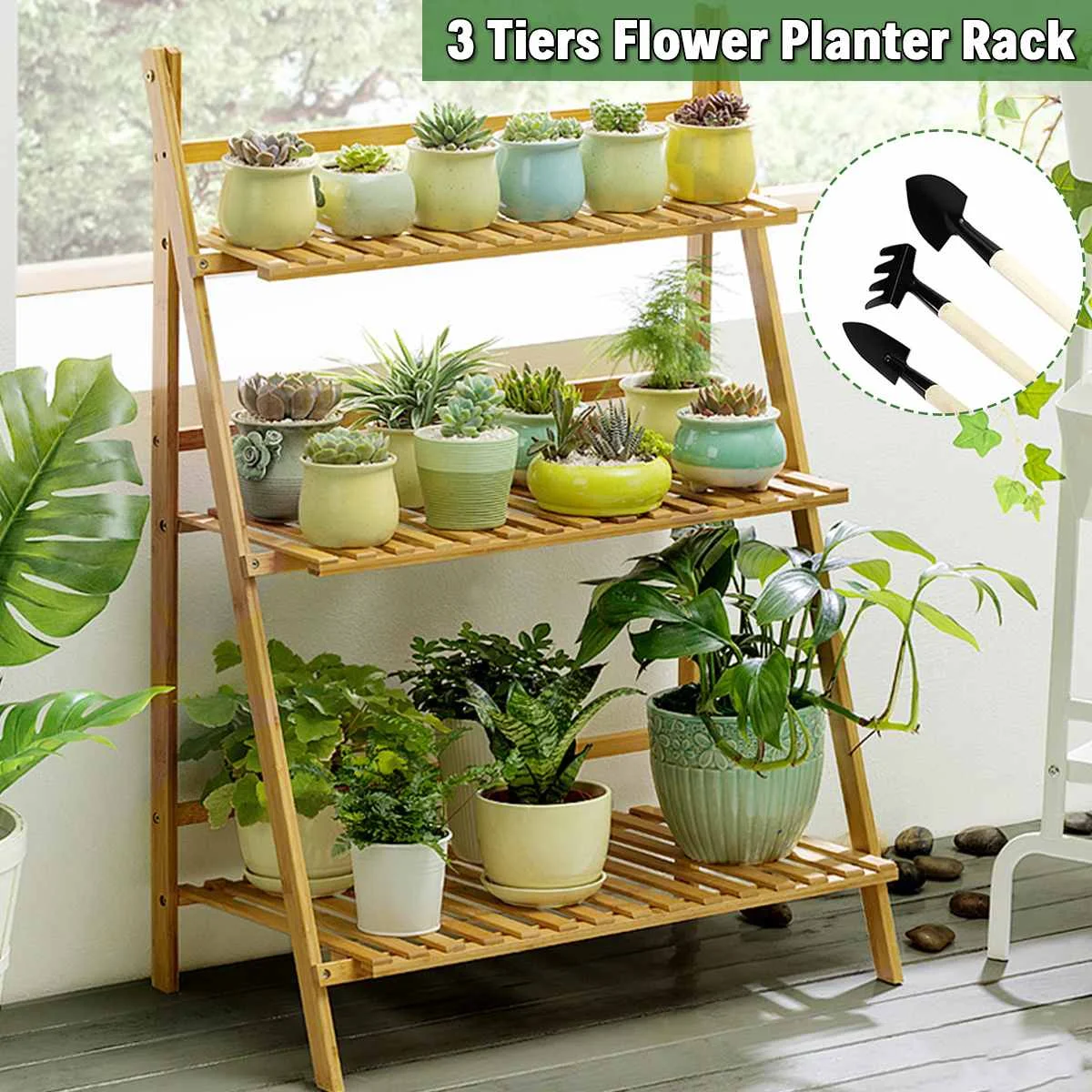 Multi Tier Wood Pot Shelf Storage Rack Foldable Wooden Plant Display Stand Balcony Garden Flower Pot Shelf Rack 3