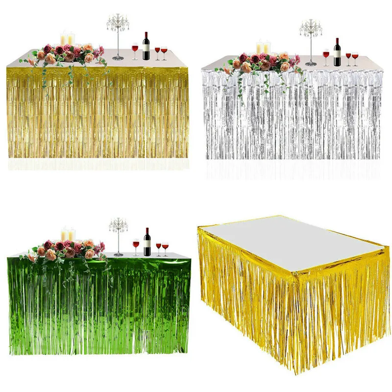 Gold Foil Fringe Table Skirt Metallic Tinsel Curtain Silver Tassel Garlands Rustic Wedding Decoration Birthday Party Decor