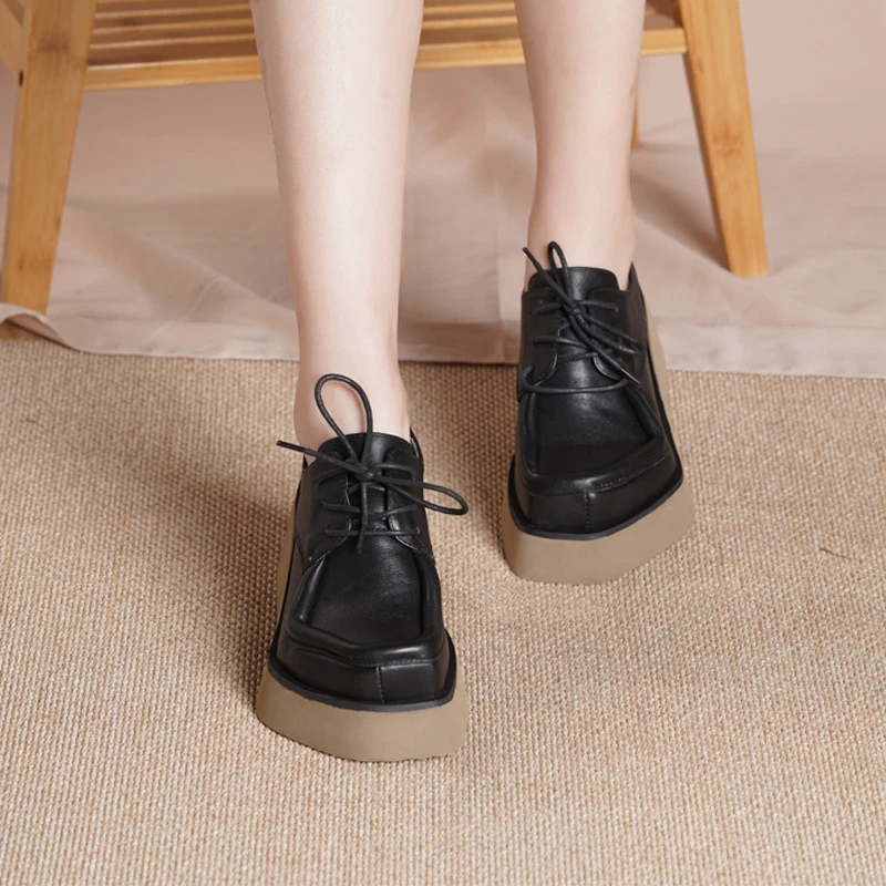 Women Platform Casual Sneakers Thick Bottom Square Toe Wedge Shoes Lace Up Female Hemp Shoes 
