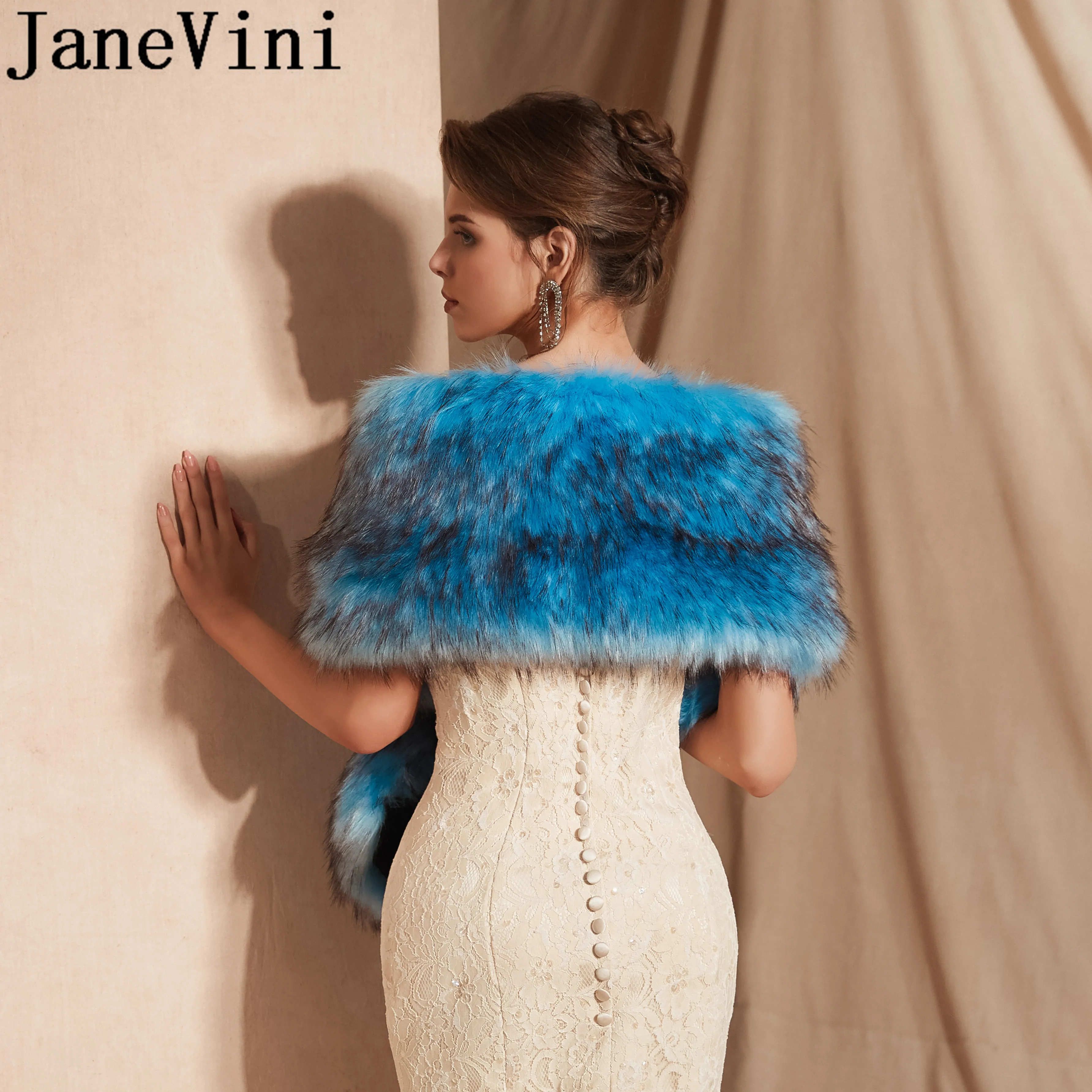 JaneVini/женская накидка с синей грубой шерстью из искусственного меха, шаль из искусственного меха, зимнее свадебное болеро, накидка Casaco Noiva