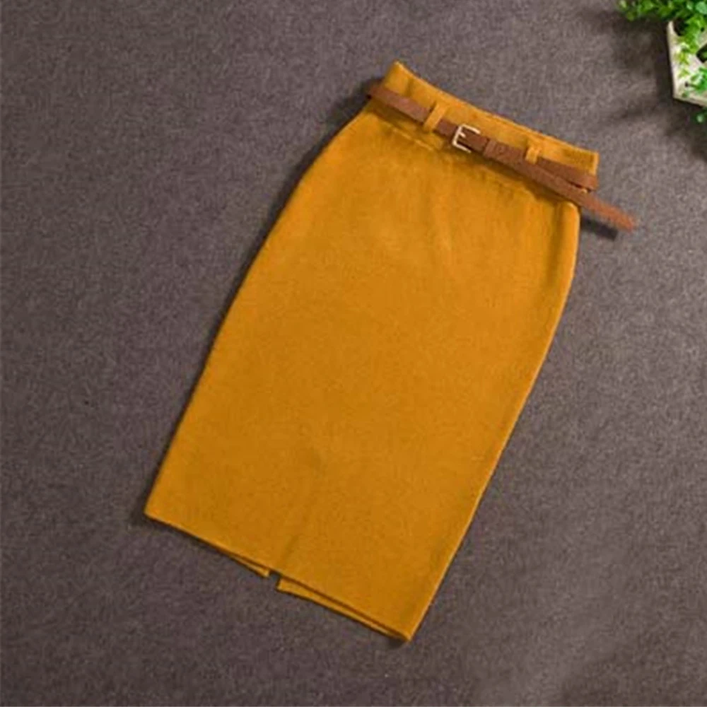 yellow Модная осенне-зимняя Женская эластичная трикотажная юбка для офисных леди, облегающая юбка, облегающая бедра юбка сзади, женская одежда с разрезом, аксессуары - Цвет: yellow