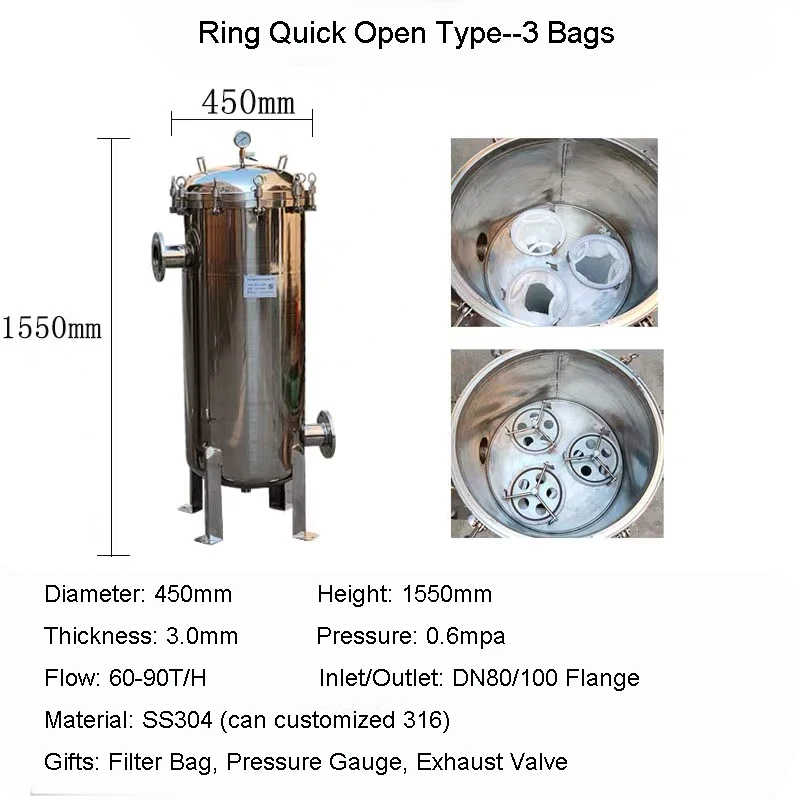 Ss304 Bag Type Filter Industrial Big Flow Strainer High Precion