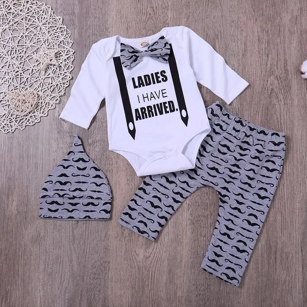 

3PCS/Set Newborn Baby Boy Romper Suit Top + Pants + Hat Bow Tie Long Sleeve Jumpsuit Set