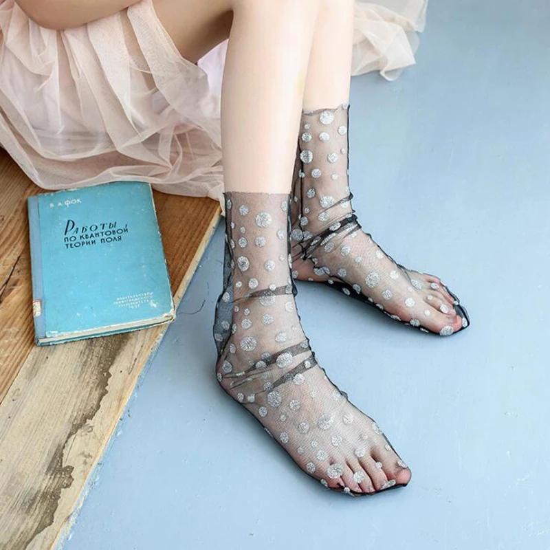 

Shine Polka Dot Tulle Socks For Women Transparent Long Lace Socks Dress Thin Funny Socks Streetwear calcetines mujer