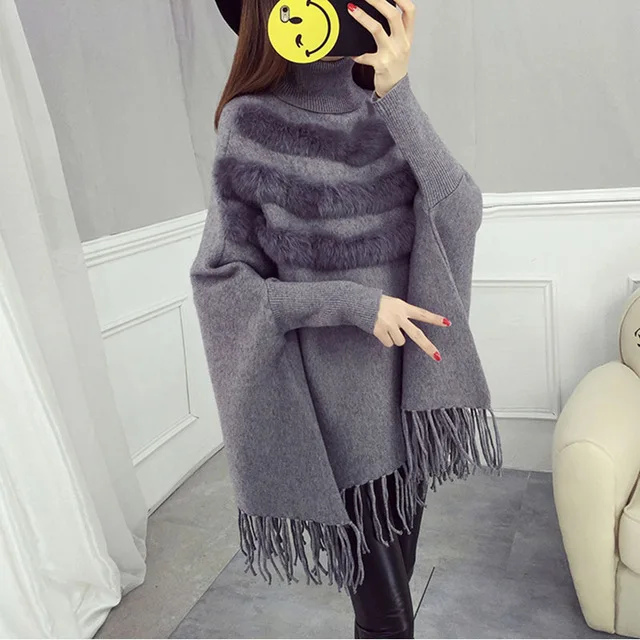 Real Rabbit Fur Patchwork Cloak Turtleneck Pullover Cape And Poncho Shawl Fashion Tassel Women Autumn Winter Bat Sleeves Sweater