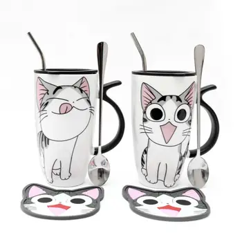 

600ml Large Capacity Mug Cute Cartoon Ceramic Drinking Cup with Lid Spoon Straw Milk Coffee Mug Female Coffee Mugs Ceramic Mug
