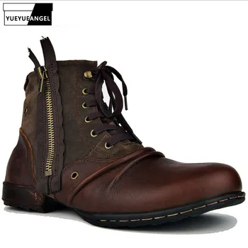 

New Zipper Boots Man Genuine Leather Fashion Working Shoes Man 2019 Retro Autumn Winter Lace Up Round Toe Military Boots